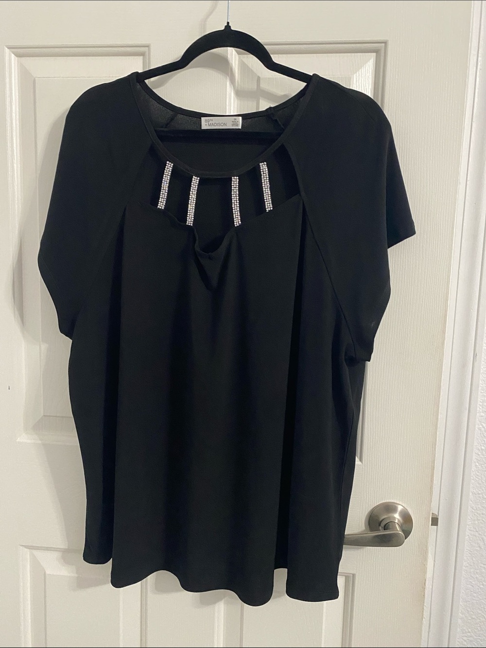 89th & Madison Black Short-Sleeve Top with Rhinestone Accent